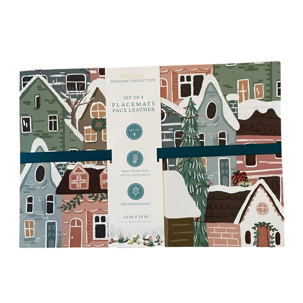 Envogue Christmas Village Faux Leather Placemats 13x19 Set of 4 New